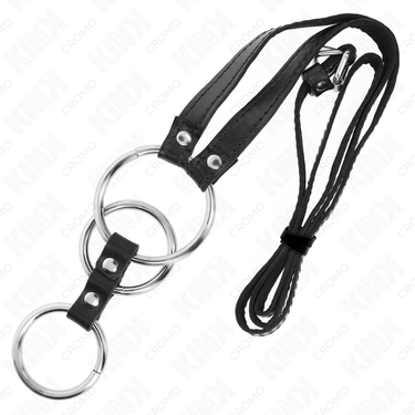 Anello pene in metallo triplo con cinturina in pelle da 112 cm